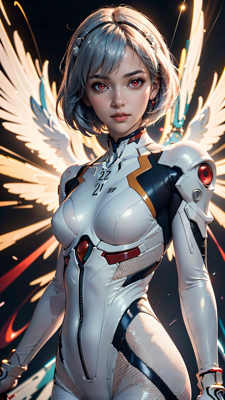 (masterpiece, best quality, highres:1.2), (photorealistic:1.2), (intricate and beautiful:1.2), (detailed light:1.2), (soft lighting, side lighting, reflected light), (colorful, dynamic angle), upper body shot, fashion photography of cute girl (\Rei Ayanami\), red eyes, dressing high detailed Evangelion white suit, in dynamic pose, light passing through hair, (abstract background:1.3), (perfect skin),