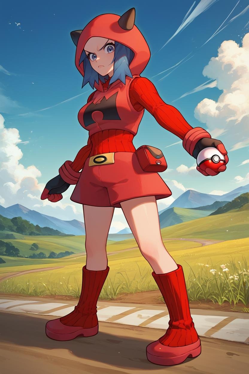 score_9, score_8_up, score_7_up, score_6_up, source_anime BREAK 1girl, <lora:pkmntmg-pdxl-nvwls-v1-000005:1> pkmntmg, hood, blue hair, fake horns, red hoodie, turtleneck, ribbed sweater, red shorts, gloves, field, holding poke ball \(basic\), red boots, standing, road, field, mountains, looking at you, serious, dynamic pose