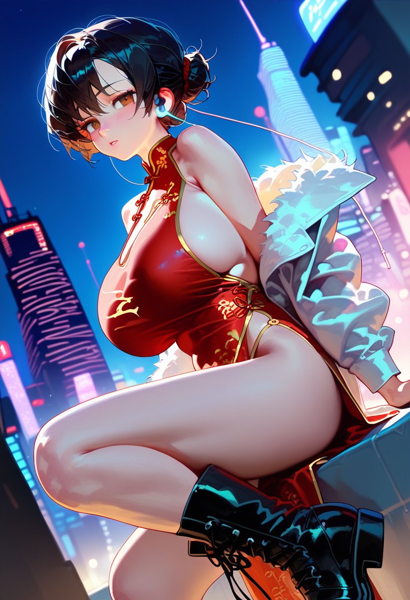 score_9, score_8_up, score_7_up, score_6_up, source_anime, <lora:WHM 0.1v:1>, WHM, aged up, mature female, 1girl, solo, breasts, looking at viewer, blush, short hair, black hair, long sleeves, dress, bare shoulders, sitting, huge breasts, revealing clothes, brown eyes, jacket, outdoors, parted lips, boots, open clothes, sleeveless, black footwear, off shoulder, blurry, open jacket, from side, looking to the side, sleeveless dress, night, white jacket, chinese clothes, red dress, building, china dress, side slit, city, cityscape, earphones, print dress, city lights, angle,