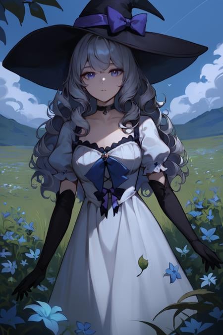 score_9, score_8_up, score_7_up, 1girl, witch hat, hat, solo, long hair, flower, dress, choker, puffy sleeves, looking at viewer, grass, white dress, bow, hat bow, white hair, black choker, plant, outdoors, blue eyes, purple eyes, black headwear, bangs, long sleeves, gloves, witch, blue bow, wavy hair, short sleeves, puffy short sleeves, elbow gloves, black gloves, standing, field, grey hair, sky, purple bow, breasts, curly hair, parted lips, expressionless, cowboy shot, closed mouth, leaf <lora:Smooth Anime Night Style SDXL_LoRA_Pony Diffusion V6 XL:1>