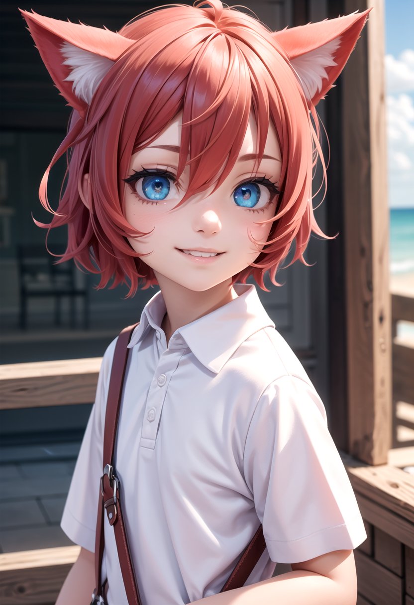 (1boy:1.2),beach, smile, ( crimson cat ears:1.4), (red ears),  male face, male body, more details in eyes, (very short hair:1.2), hair between eyes, cute, adorable boy, cute face, detailed face, handsome, young, juvenile, white skin, eyeshadow, crew cut, crimson hair,details sky, looking at viewer, blush, blue eyes, full shot, red suspenders,(pants), (white polo shirt),  GS-Boyish,(masterpiece:1.2), best quality, high resolution, unity 8k wallpaper, (illustration:0.8), (beautiful detailed eyes:1.6), extremely detailed face, perfect lighting, extremely detailed CG, (perfect anatomy),