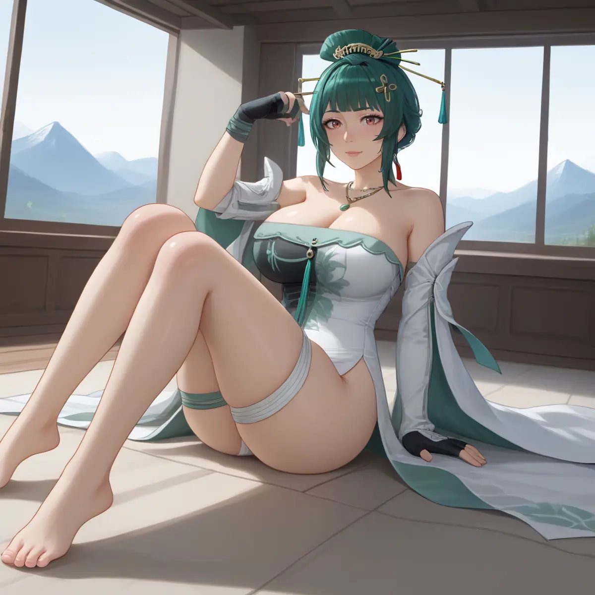 1girl, solo, Hanying, green hair, single hair bun, hair stick, hair ornament, necklace, strapless dress, white dress, cleavage, detached sleeves, fingerless gloves, sitting, spread legs , full body, thigh strap, skindentation, indoors, teahouse, window, mountains <lora:SDXL_Hyper:1> <lora:STFD_P:1> <lora:hanying-pdxl-nvwls-v1:1>