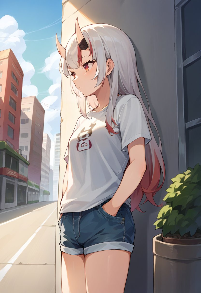 score_9, score_8_up, score_7_up, source_anime, 1girl, solo, NakiriAyame, oni horns, long hair, t-shirt, denim shorts, standing, outdoors, city, hands in pockets, <lora:NakiriAyamePDXL:1>