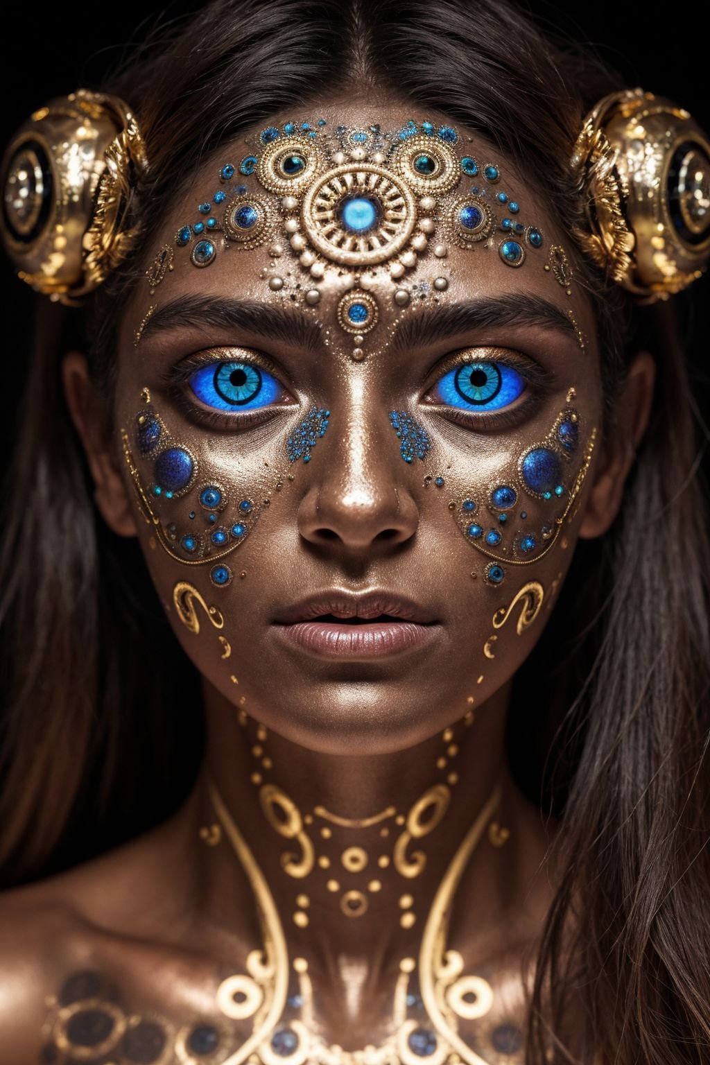(8k, RAW photo, highest quality), hyperrealistic abstract style portrait of an otherworldly being with metallic skin, glowing orbs for eyes, and intricate fractal patterns emanating from their face, non-representational, colors and shapes, expression of feelings, imaginative, highly detailed