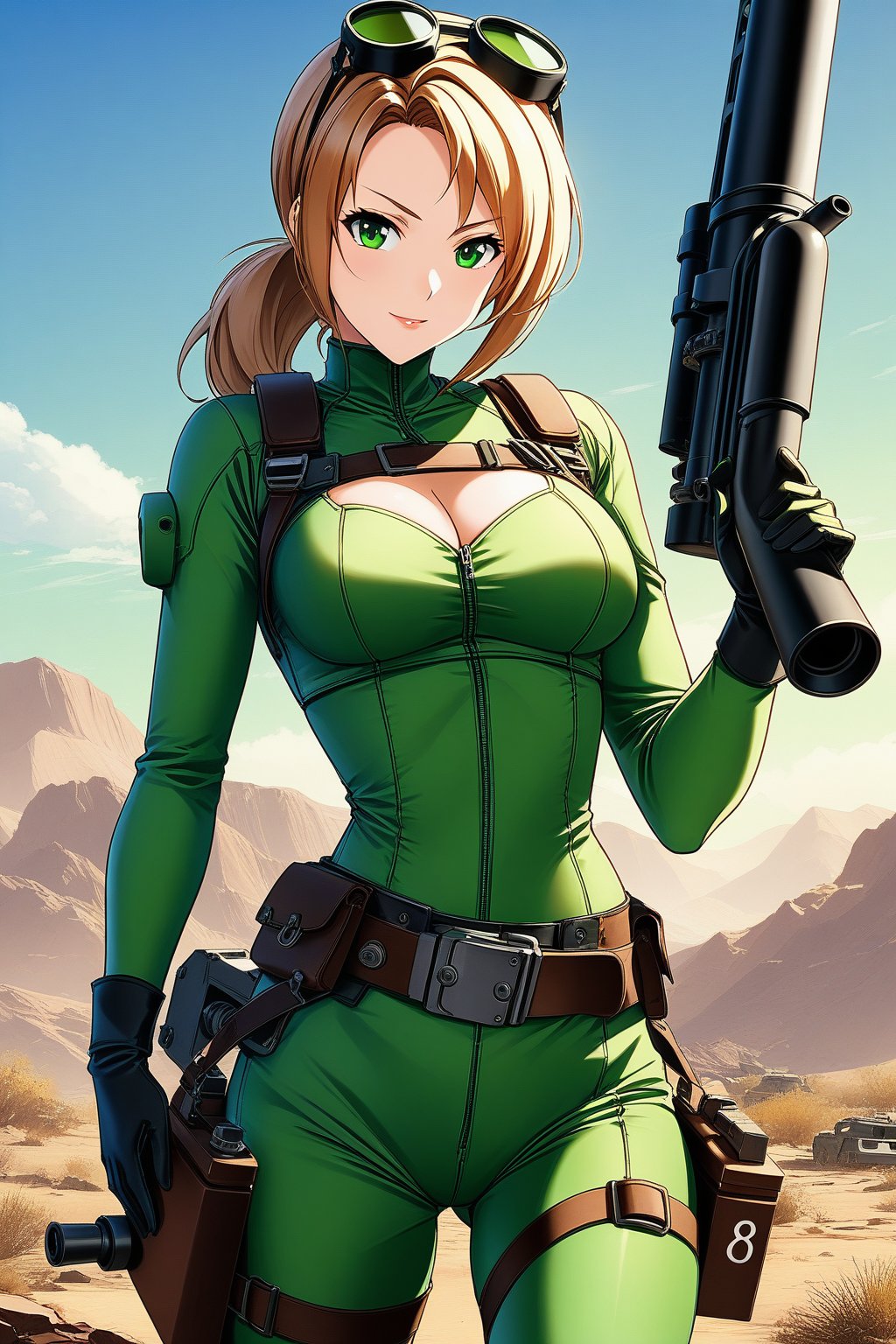 score_9, score_8_up, score_7_up,  Vault girl from Fallout, vault suit, belt, posing, cleavage, holding a minigun  