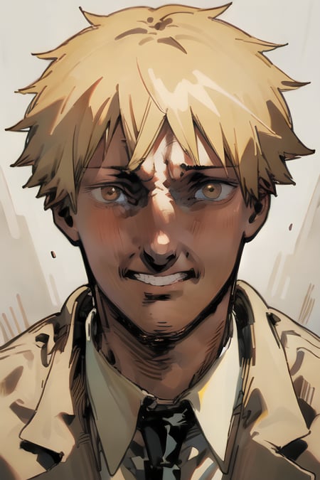 masterpiece, best quality, agnizzm, looking at viewer, close up face, hollow eyes, 1boy, blond hair, denji, suit