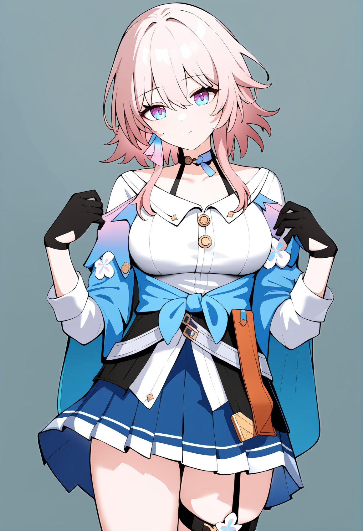 <lora:三月七koha:1>,a girl named march7th,march7th,1girl,solo,white shirt,tied jacket,black choker,single earring,pleated skirt,flower ornament,collarbone,black corset,black gloves,thigh strap,(best illustration:1.1),<lora:naipixa31-000019:0.5>,, masterpiece, best quality, very aesthetic, absurdres