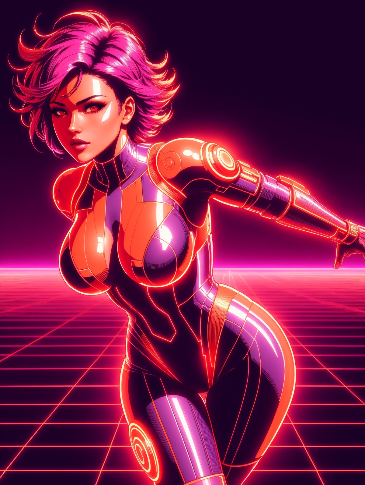 woman, orange glowing outlines, purple coloring, dynamic pose, grid, motion blur, cyberpunk, 1980s, retro, scifi<lora:Neon_Cyberpunk_Cyberspace_SD1.5:0.8>, (masterpiece:1.2), best quality, (hyperdetailed, highest detailed:1.2), high resolution textures  