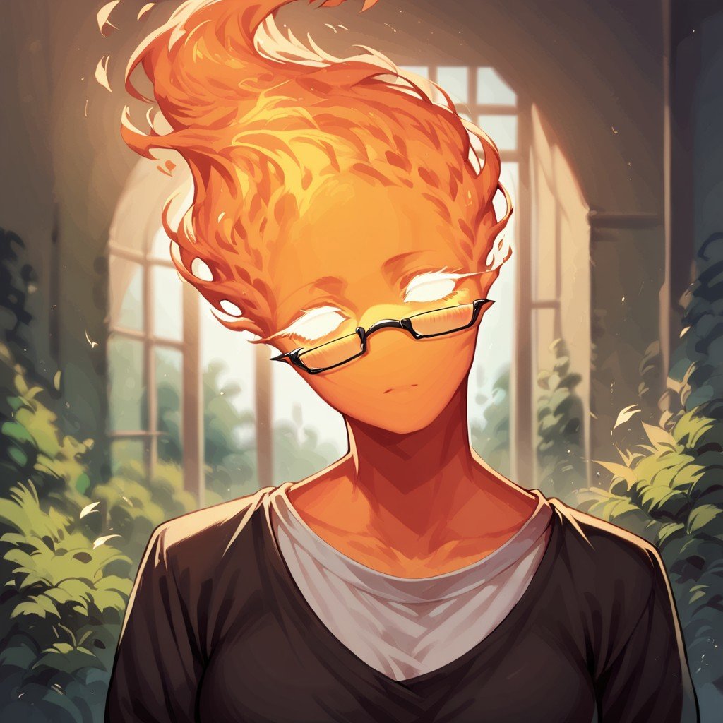 (((detailed, beautiful, high quality))), score_9, score_8_up, score_7_up, upper body,firehuman, fiery body,1girl, orange body, white eyes, glasses, black top, white shirt,looking at the viewer, posing, blurred background, blurred fantasy background,