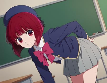 score_9, score_8_up, score_7_up, source_anime,kanaarima, <lora:kana-arima-s1-ponyxl-lora-nochekaiser:1>,kana arima, short hair, bangs, red eyes, red hair, bob cut, smile,skirt, long sleeves, hat, bow, school uniform, jacket, pink bow, grey skirt, blue headwear,indoors, classroom, bent over, smile,looking at viewer, cowboy shot, dutch angle,