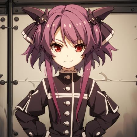 score_9, score_8_up, score_7_up, score_6_up, score_5_up, score_4_up, source_anime, , Pest, purple hair, red eyes, short hair, two side up, short hair with long locks, , soft smile, standing, hands on hips