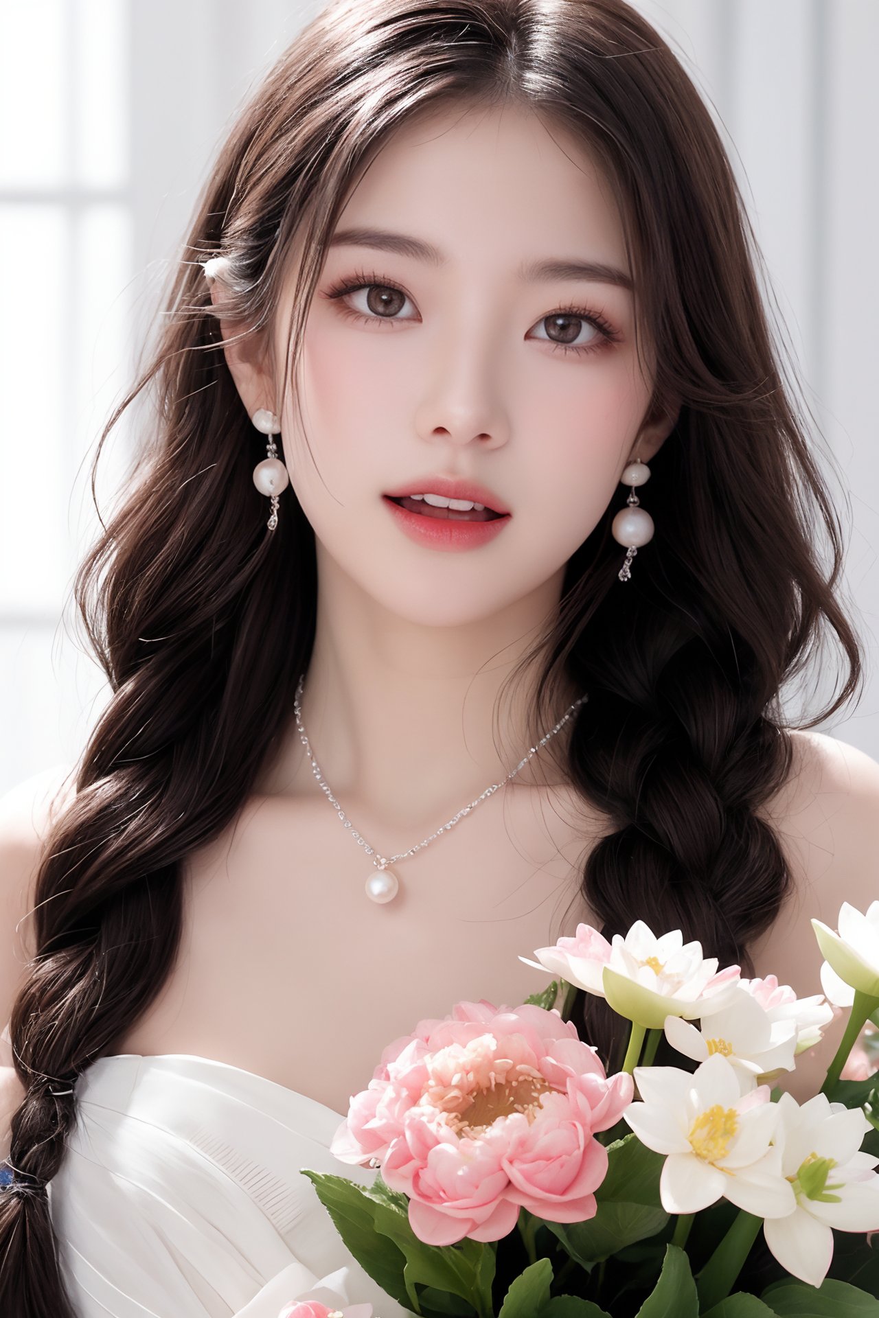 1girl, bouquet, braid, brown hair, daisy, dandelion, earrings, flower, flower field, holding flower, hydrangea, jewelry, lily \(flower\), lips, long hair, lotus, necklace, open mouth, pearl necklace, pink flower, realistic, ring, solo, teeth, wedding band, wedding ring, white flower <lora:国际超模脸1.0:0.8>