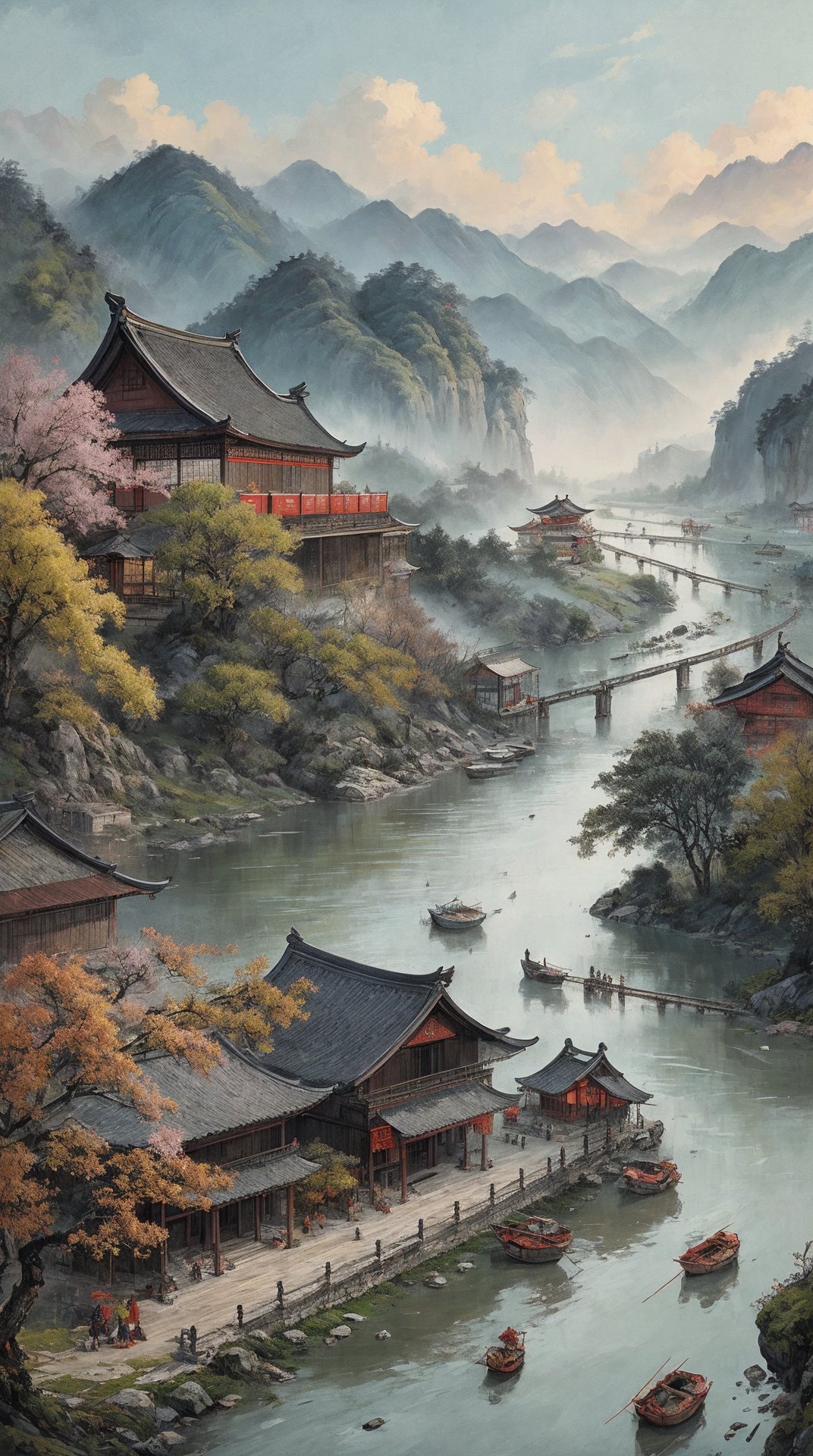 (masterpiece),(best quality),ultra hi res,reaslistic,Illustration in the style of Chinese national tide,Along The River During the Qingming Festival,Fine brushstrokes,Rich colors,Composition in the alternation of landscapes and ancient buildings,For packaging design,