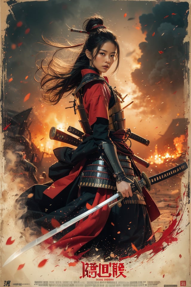 Akira Kurosawa's cinematic style poster,A 28-year-old girl,full body shoot,embodying the spirit of a Samurai from the Warring States Period in Japan. Brightly colored,with a backdrop of war,She wears traditional samurai armor adorned with intricate details,holding a katana with determination,The falling smoke of gunpowder,symbolizing the beauty amidst conflict,Detailed,historical,and with a touch of elegance,cinematic,detailed,style dominated by red,minimalist composition shimmer,edge ligh,best quality,masterpiece,an extremely delicate and beautiful,CG,unity,8k wallpaper,Amazing,finely detail,masterpiece,official art,extremely detailed CG unity 8k wallpaper,incredibly absurdres,huge filesize,ultra-detailed,highres,extremely detailed,<lora:Samurai_20240302050726:0.8>,