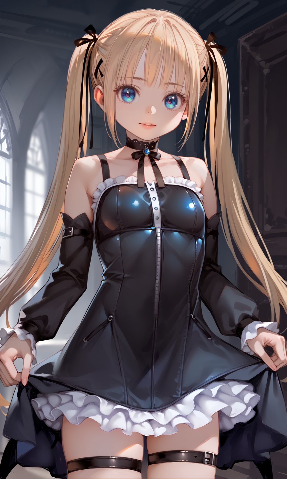 score_9, score_8_up, score_7_up, score_6_up, nyatabe, BREAK1girl, marierose, bangs, bare shoulders, (big breasts:1.2), black choker, black dress, black ribbon, blonde hair, blue eyes, choker, collarbone, detached sleeves, dress, frills, hair ribbon, indoors, long hair, long sleeves, looking at viewer, solo, standing, thigh strap, twintails, very long hair, upper body, <lora:MarieRose_Pony:1> <lora:Nyatabe_Pony:1> 