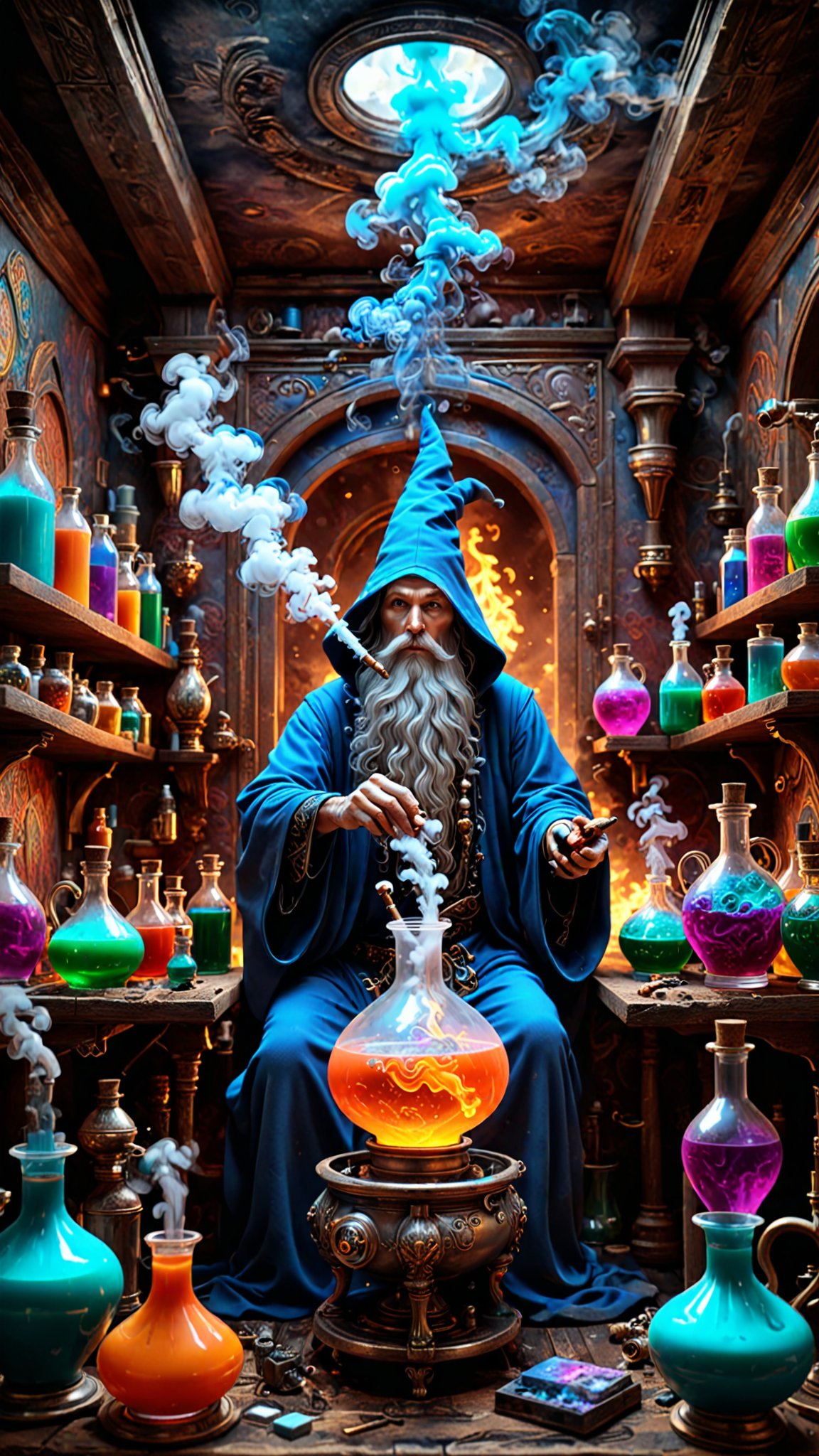 Ethereal fantasy concept art of a Wizard brewing potions, in a basement, magnificent, celestial, ethereal, painterly, epic, majestic, magical, fantasy art, cover art, dreamy, insanely detailed and intricate, hyper maximalist, elegant, hyper realistic, super detailed, vivid colours, ornate, dynamic, articulate, 8K, <lora:3D_Framed_Wall_Art_-_By_DICE:0.6>, (Framed 3D, Smoke), EPIC, high budget Hollywood movie, volumetric, Painstaking Attention To Detail, Vaporizer, Enhanced 3D Smoke Metrics, Depth pad 7, Event Horizion, Embedded Paisley, Foam Tipping, , Hendra Data, Pandora Palette, Epic, UHD