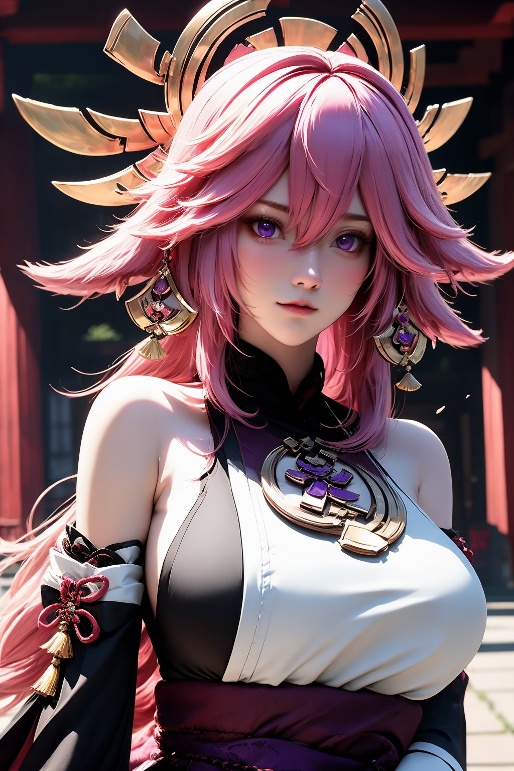 1girl, solo, yae miko, pink hair, purple eyes, breasts, looking at viewer, animal ears, long hair, bare shoulders, detached sleeves, large breasts, fox ears, hair between eyes, upper body, hair ornament, jewelry, lips, japanese clothes, blurry background, blurry, parted lips, wide sleeves, earrings, shirt, sleeveless, white shirt, sleeveless shirt, nontraditional miko, blush, long sleeves, turtleneck, sidelocks, sideboob, closed mouth, floppy ears