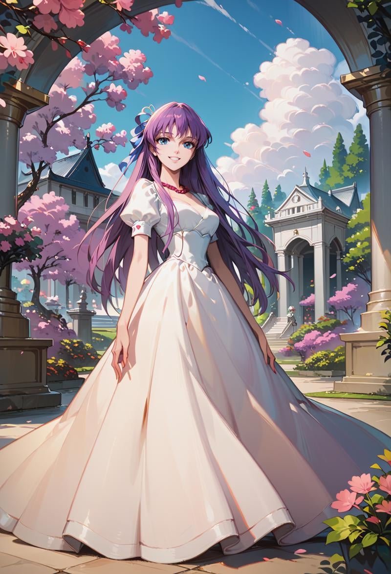 score_9, score_8_up, score_7_up, <lora:SaoriKido_Pony_v11-12:1> athenakido, puffy dress, pearl necklace, smile, standing, garden in front of a mansionserene courtyard with cherry blossom trees in bloom,