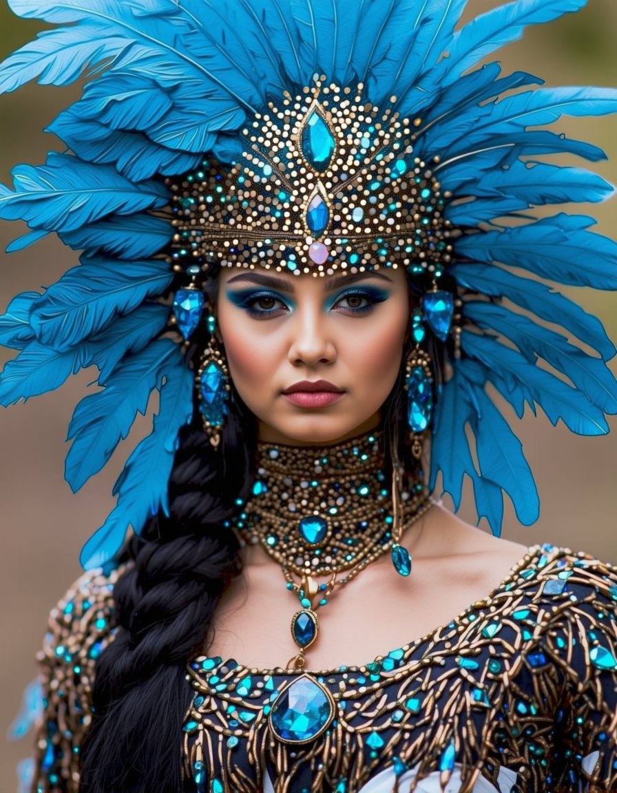 best quality, 4K, 8K, high-resolution, masterpiece, ultra-detailed, photorealistic,  an image of a beautiful woman dressed in an indian headdress with blue feathers and feathers on her face, woman, long hair, looking at viewer, blue eyes, black hair, jewelry, upper body, braid, earrings, dark skin, necklace, dark-skinned female, lips, makeup, facial mark, feathers, gem, eyeshadow, headdress, feather hair ornament, native american,