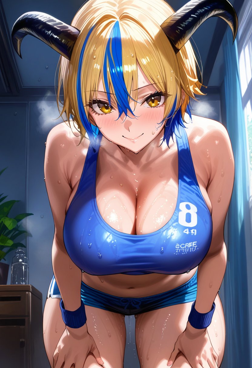 score_9, score_8_up, score_7_up, score_6_up, source_anime,<lora:GEN 0.2v:1>, GEN, wet, sweat, dripping, oiled, 1girl, breasts, solo, horns, navel, shorts, large breasts, multicolored hair, yellow eyes, looking at viewer, blonde hair, short shorts, cleavage, hands on own thighs, two-tone hair, streaked hair, blue hair, bare shoulders, smile, blue shorts, collarbone, midriff, thighs, wristband, short hair, bare arms, stomach, closed mouth, crop top, sleeveless, sports bra, bangs, leaning forward, hair between eyes, indoors, sweatband, sportswear, micro shorts