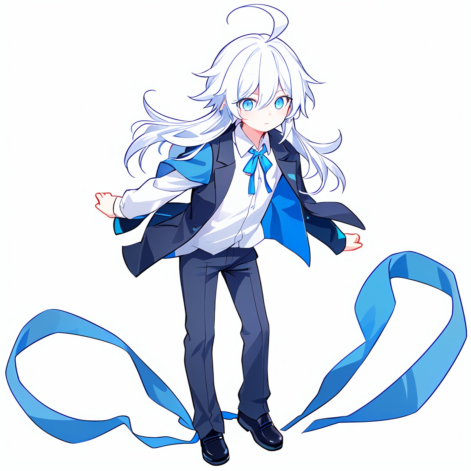 <lora:QuAn:0.5>,1boy,solo,blue eyes,white hair,blue inner hair,shirt,ribbon,simple background,ahoge,full body,