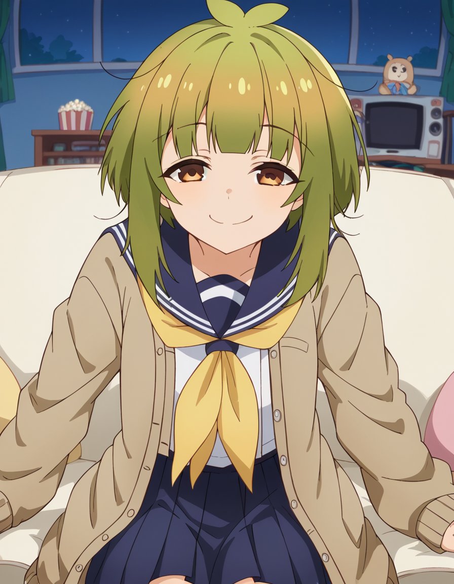 score_9, score_8_up, score_7_up, source_anime, <lora:meme-bashame-s1-ponyxl-lora-nochekaiser:1>, meme bashame, bangs, brown eyes, green hair, blunt bangs, medium hair, messy hair,, skirt, shirt, long sleeves, school uniform, white shirt, pleated skirt, open clothes, serafuku, sailor collar, blue skirt, neckerchief, cardigan, blue sailor collar, yellow neckerchief, open cardigan, brown cardigan, living room, television, couch, popcorn, watching movie, night time, sitting,, , looking at viewer, bent over, smile, smug,, solo,, cowboy shot, dutch angle