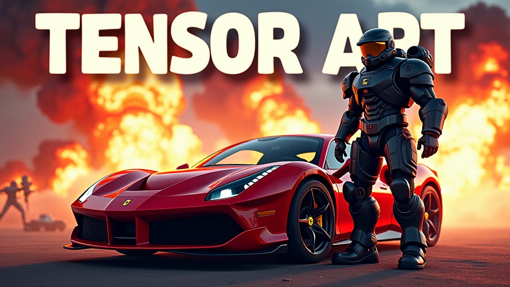 Title: Display the title "TENSOR ART Tips and Tricks" in large playful text at the top or center of the poster.Main Character: Depict a photo of a Space Marine standing next to a Ferrari, dynamic pose,Background: large explosions with a space marine battle scene, Ensure the background is vibrant and engaging.