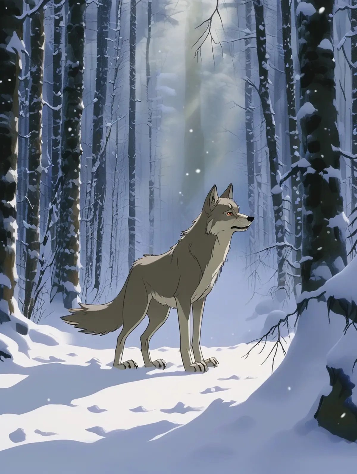 a wolf in the forest, winter, snow,<lora:J_cartoon:0.8>,j_cartoon,