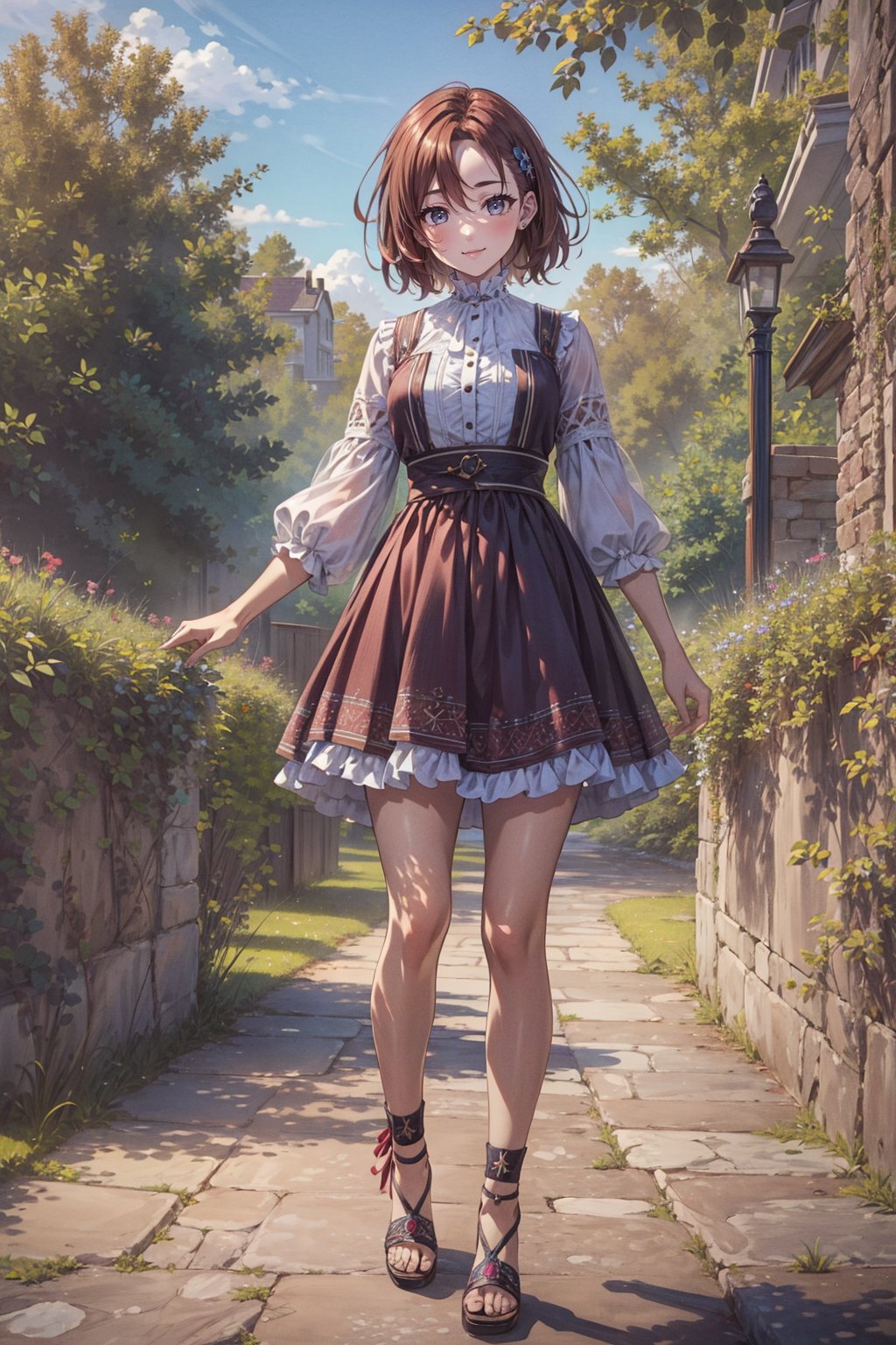 <lora:OVA_Ruyueli:0.8>,OVA_Ruyueli,reddish brown hair,short hair,hair ornament,1girl,outdoors,smile,full body,, 8k,best quality,masterpiece,rule of thirds,superb,high resolution,sharp focus,extremely detailed description,professional,gorgeous and intricate details,