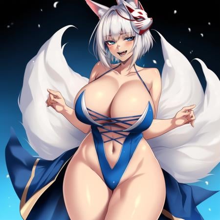 (masterpiece, best quality:1.3), Hz_666V, 1girl, solo, looking at viewer, blushing, wide hips, mature female, open mouth, seductive smile, large breasts, full body, cowboy shot, thick thighs,  <lora:Hz_666V Style Lora:.85>, kaga(everlasting killing stone), white hair, blue eyes, fox ears, mask on head, fox mask, tail, fox girl <lora:kaga_everlasting_killing_stone:.8>