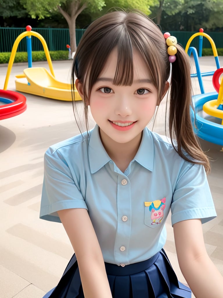 ((score_9, realistic)), ((face focus)), ((fair skin)), ((skinny)), 1girl, one side up, hair ornament, idol, jpop, kpop, belle, pretty, petite, collared skirt, pleated skirt, parted lips, light smile, park, slide, playground <lora:ADetailerNetidolFace_pony:0.5>,