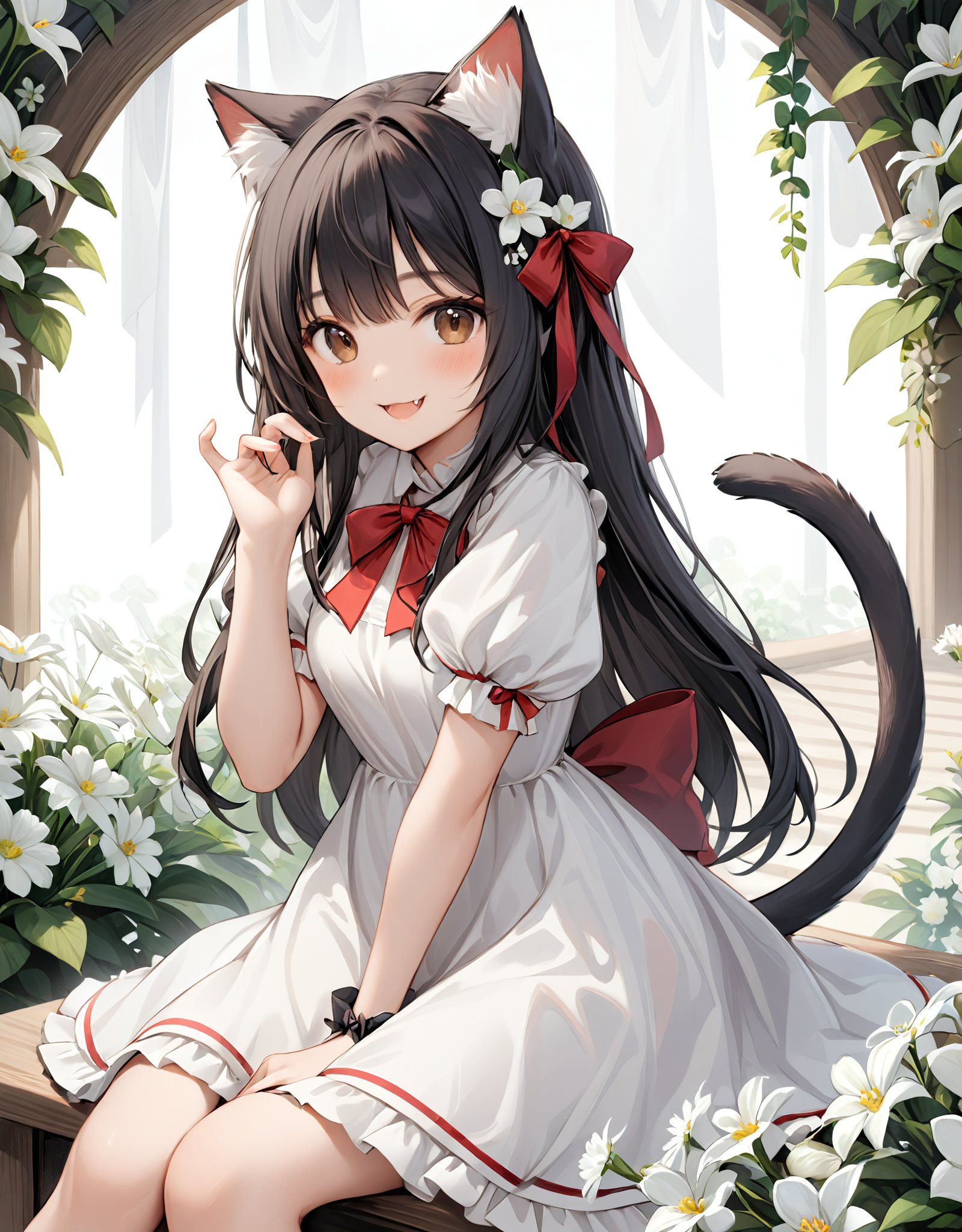 highres,best quality, 1girl, animal ears, black hair, blush, bow, brown eyes, cat ears, cat tail, closed mouth, dress, fang, flower, hair bow, hand up, long hair, looking at viewer, neck ribbon, puffy short sleeves, puffy sleeves, red bow, red ribbon, ribbon, short sleeves, sitting, sleeves past wrists, smile, solo, tail, tail raised, white dress, white flower