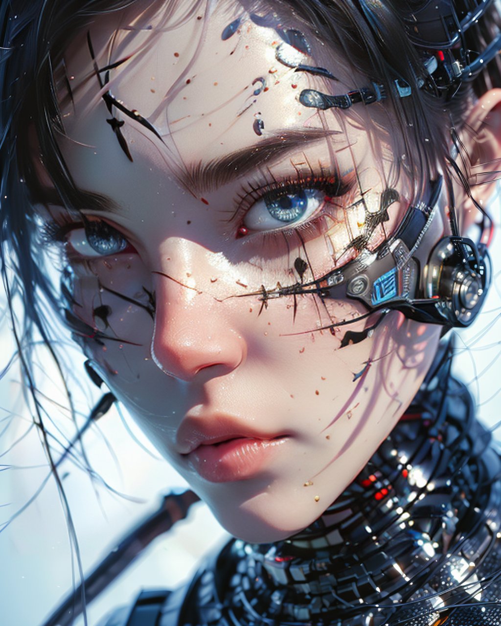 (masterpiece, realistic:1.5), 1girl,solo,looking at viewer,short hair,blue eyes,black hair,lips,portrait,close-up,science fiction,realistic,nose,android,cable,cyborg,cyberpunk,mechanical parts,wire<lora:mjportrait_v1:0.8>