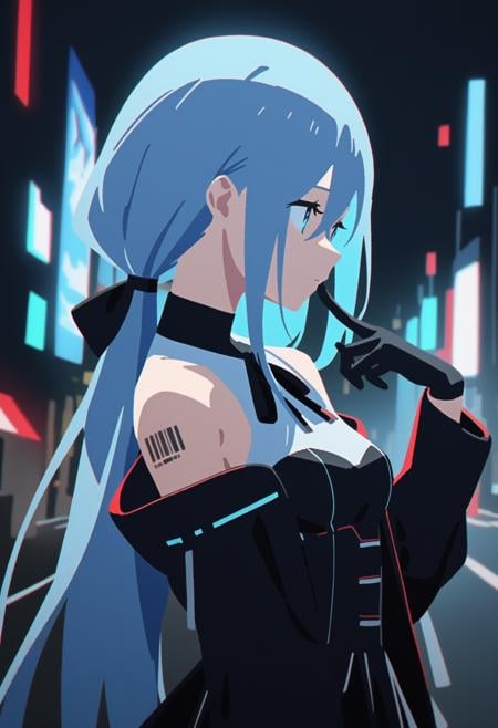 1girl, masterpiece, science fiction, chromatic aberration, expressionless, looking to the side, upper body, night, street, from side, finger to mouth,android, very long hair, light blue hair, crossed bangs, sidelocks, low (ponytail:1.2), light blue eyes, medium breasts, bare shoulders, black neck ribbon, black choker, black hair ribbon, puffy long sleeves, black jacket, open jacket, black corset, zettai ryouiki, white underbust, barcode tattoo, black glovesshowgirl skirt, layered skirt,(knee boots, white footwear, mechanical boots, black thighhighs, high heel boots:0.5) <lora:yuru_flat:1>