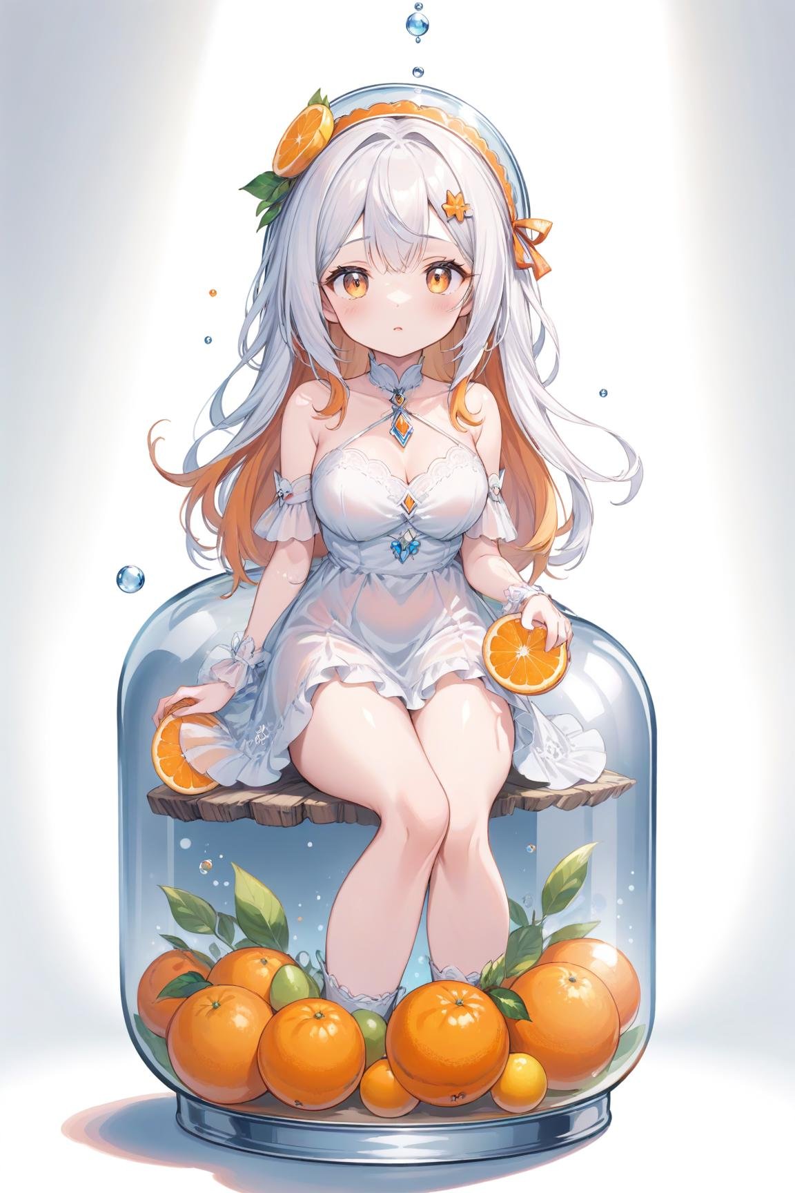 ((best quality)),((masterpiece)),((ultra-detailed)),(illustration),2D,anime, (white background:1.45),(transparent background:1.3), (an extremely delicate and beautiful girl inside of glass jar:1.2),(glass jar:1.35), (solo:1.2),(full body),(beautiful detailed eyes, beautiful detailed face:1.3),(sitting ),(very long silky hair, float white hair:1.15),(medium_breasts, tally and skinny:1.2),(Colorful dress:1.3),(extremely detailed lace:0.3),(insanely detailed frills:0.3),(hairband , orange hair_ornament:1.25), (bottle filled with orange water,bottle filled with Fanta:1.25),(many fruits in jar, many Sliced_fruits in jar:1.25),(many bubbles:1.25),