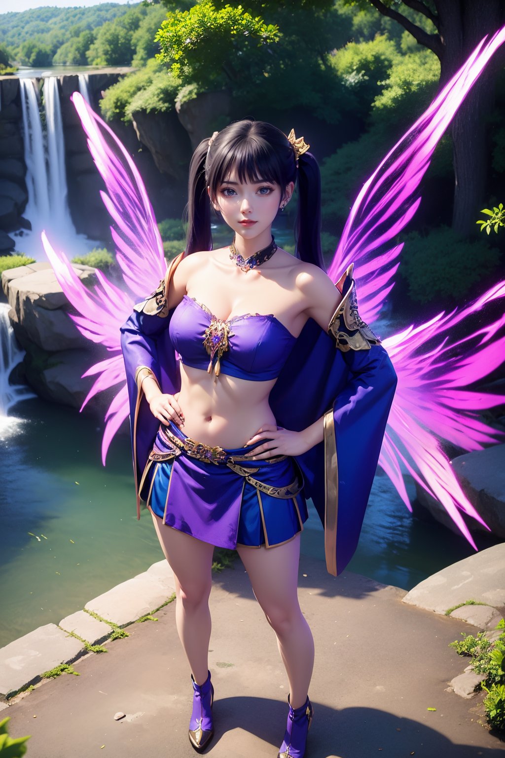 1girl, waterfall, solo, breasts, water, hands on own hips, navel, twintails, black hair, detached sleeves, wings, skirt, midriff, standing, outdoors, looking at viewer, long hair, hair ornament, cleavage, bare shoulders, full body, wide sleeves, medium breasts, strapless, tube top, purple sleeves, purple skirt, nature, long sleeves, jewelry, crop top, purple footwear, blue eyes, closed mouth, day, nail polish, collarbone, tree, bare legs, blunt bangs, grey eyes, miniskirt, lips, stomach, high heels, river