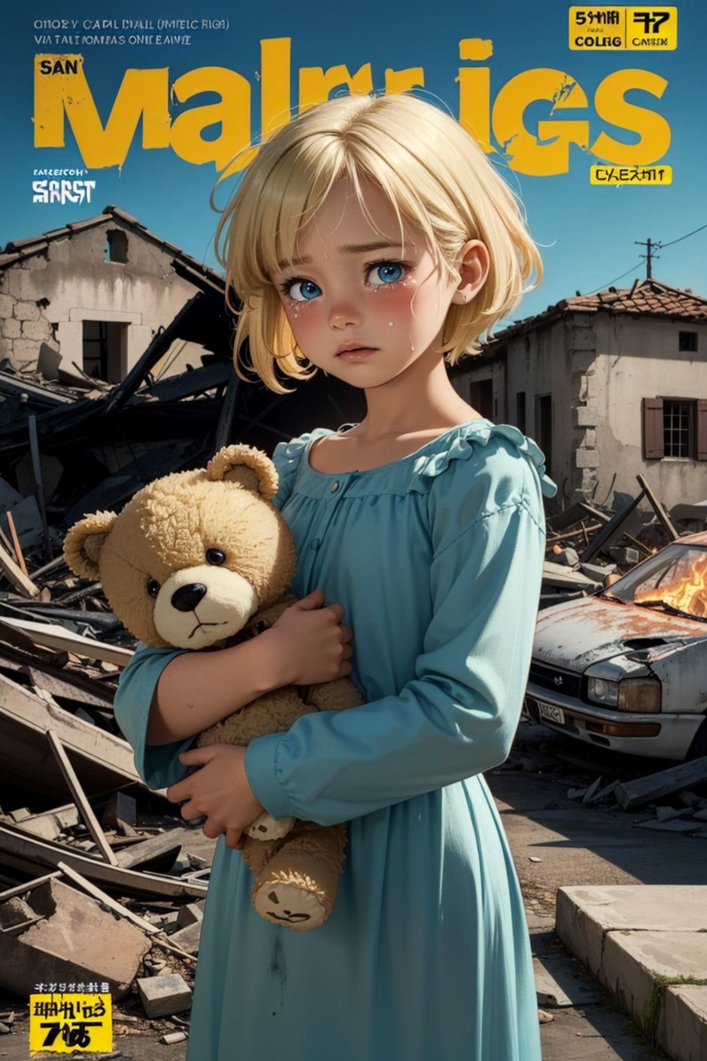 (medieval village:1.4), (war, destruction, flames and ruins in the background), sadness, tears, emotional, dramatic, anime, comic, masterpiece, detailed, high quality, sharpness, 8k, (comic cover style:1.4)blond blue-eyed 5 years old child girl crying, standing, looking at viewer, wearing a dirty old long dress, holding a simple teddy bear made of cloth, her hair is messy, lonely, dirty, nasty, golden short blonde hair