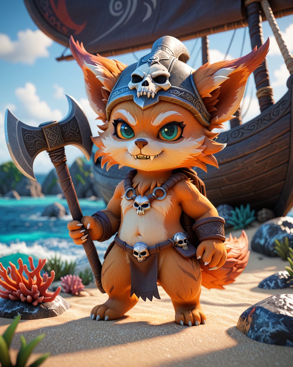 chibi gnar \(lol\), fluffy tail, loincloth, skull hat, axe, angry face, cute fangs, half-length portrait, backpack, BREAK, blender \(software\), source filmmaker, detailed background, detailed foreground, depth of field, ambient silhouette, backlighting, ocean, viking ship, path, plant, ambient coral, rock, island