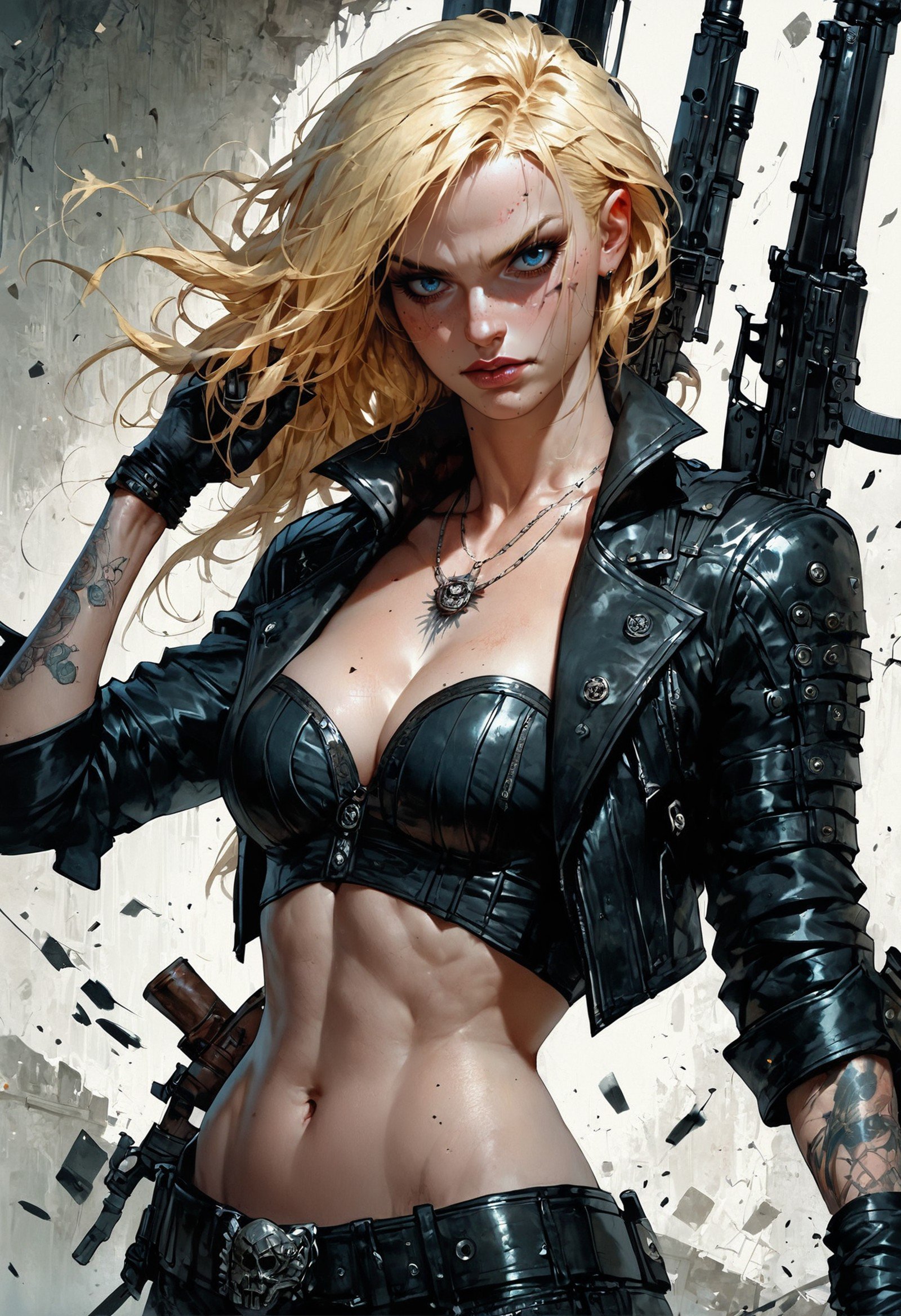 score_9, score_8_up, score_7_up, score_6_up, score_5_up, score_4_up,<lora:Fant5yP0ny:0.8>, 1girl, solo, Trish (Devil May Cry), long Blonde Hair, black corset, black leather pants, holding guns, weapon, gun, breasts, tattoo, jewelry, long hair, blonde hair, blue eyes, navel