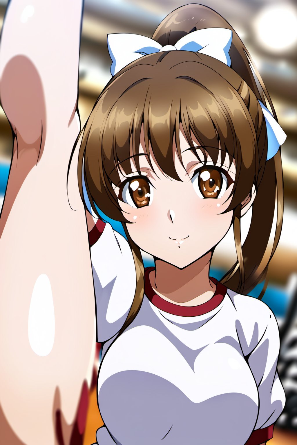 cowboy shot, sunohara shizuka, solo, ponytail, brown hair, brown eyes, gym uniform, gym, standing split, hair bow, looking at viewer,masterpiece, perfect face, best quality, beautiful girl, blurry background, cute girl, beautiful eyes, shiny eyes, absurdres,  <lora:sunohara shizuka deep 729:1>