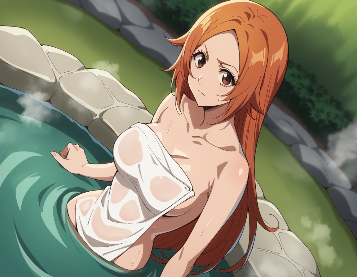 score_9, score_8_up, score_7_up, source_anime,inoueorihime, <lora:inoue-orihime-tybw-ponyxl-lora-nochekaiser:1>,inoue orihime, long hair, orange hair, brown eyes,nude, naked, outdoors, onsen, towel, naked towel, steam, bathing, nude cover, partially submerged, water, bath, steam censor, wet towel,looking at viewer, cowboy shot, dutch angle, solo,