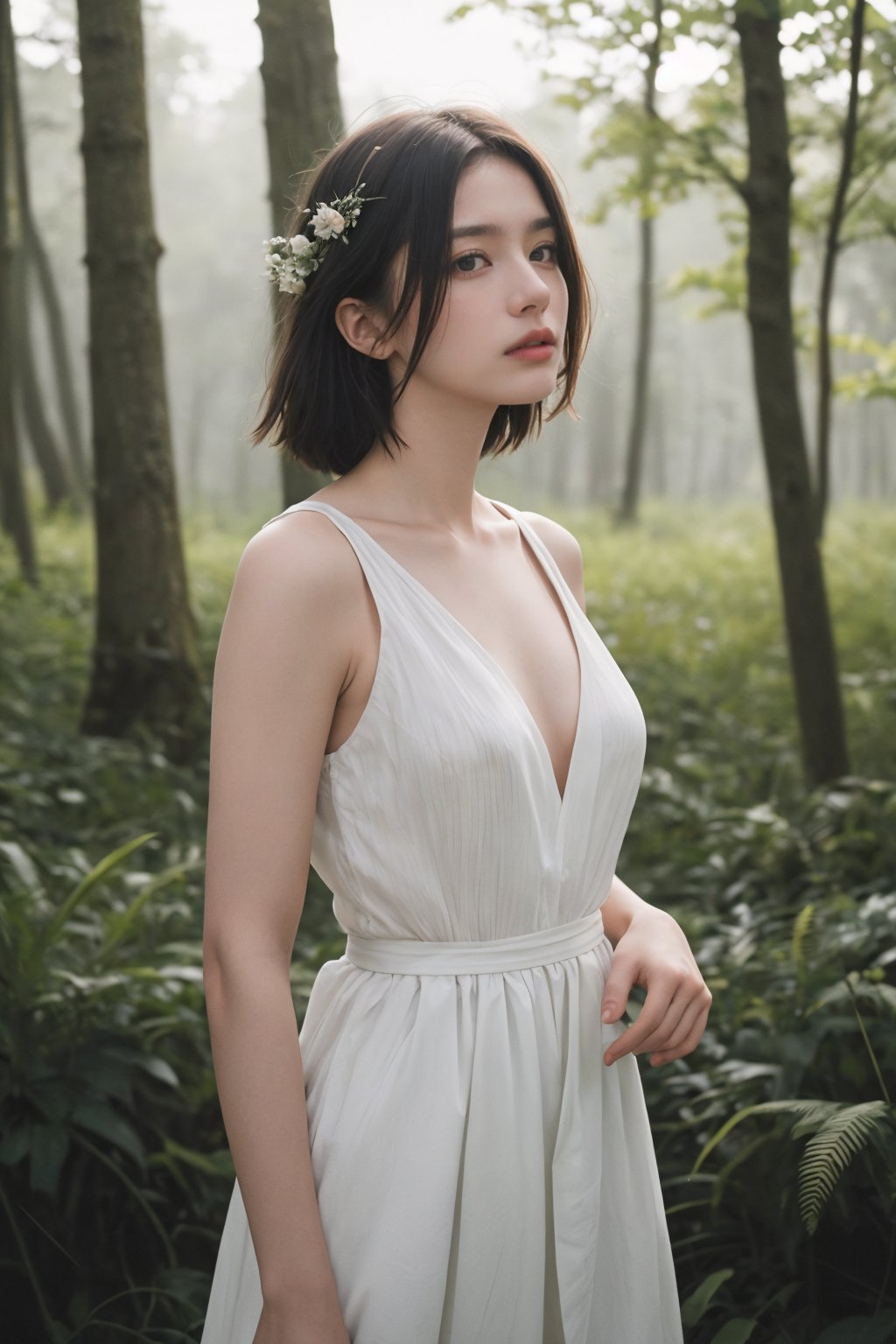 (best quality:1.4),(masterpiece:1.4),(photorealistic:1.4),(ultra high res, raw photo:1.4),(hdr, hyperdetailed:1.2),midsommar style,overgrown forest,infp girl,longing,bluray image,uncropped,a woman in a dress standing in a field,sunny,Sanraku,a lonely woman,streaming,frequency indie album cover,highres,Tyndall effect,moody lighting,reality,photo_(medium),