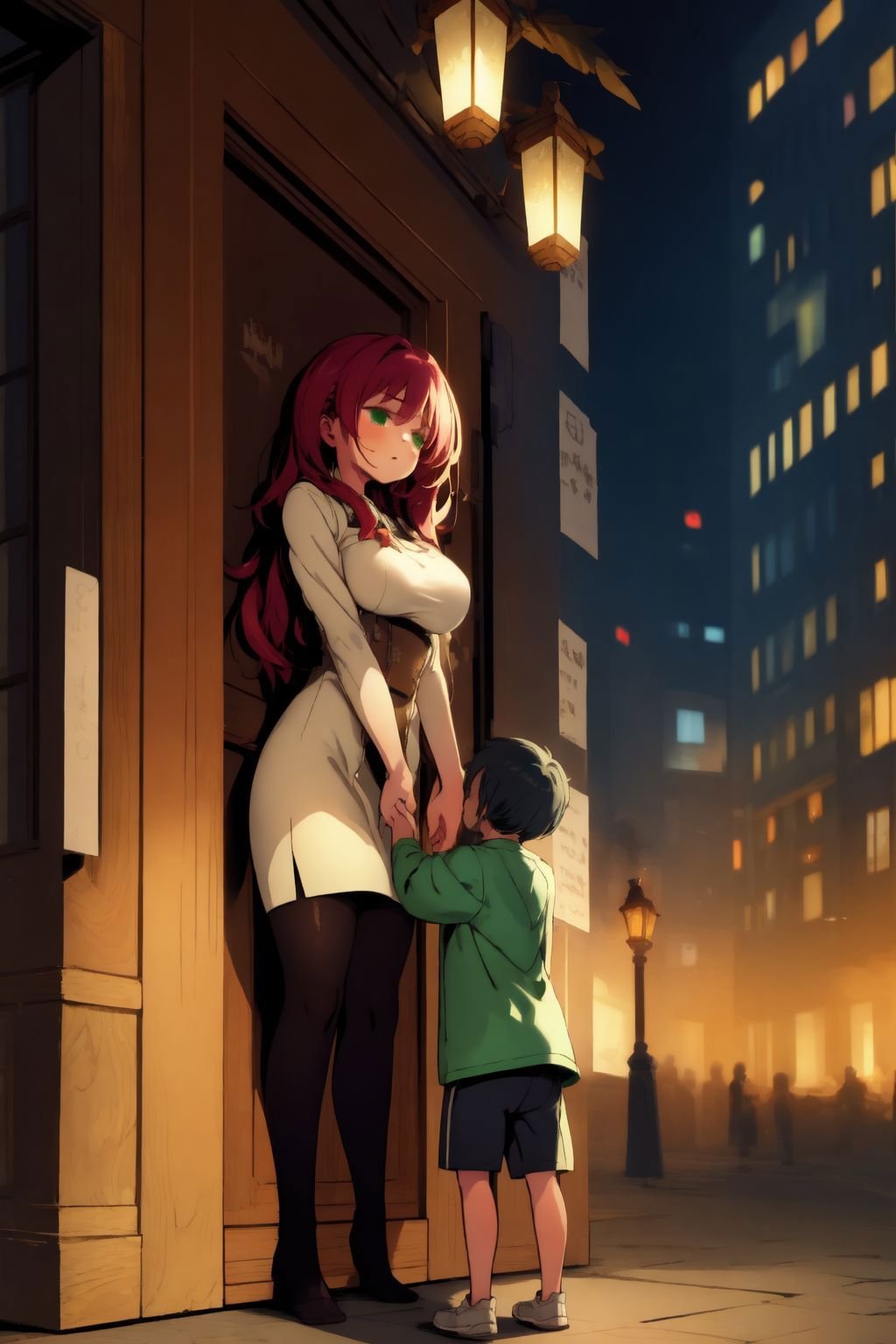 1girl, 1boy, standing, breasts, size difference, mature female, light brown hair, hair intakes, fucked silly, green clothes, in front of large window, cityscape, skyscraper, no light, blurry background <lora:bigsislitbro_cpt_v02.3:1>  <lora:himukai_yuuji_style_v01:1>