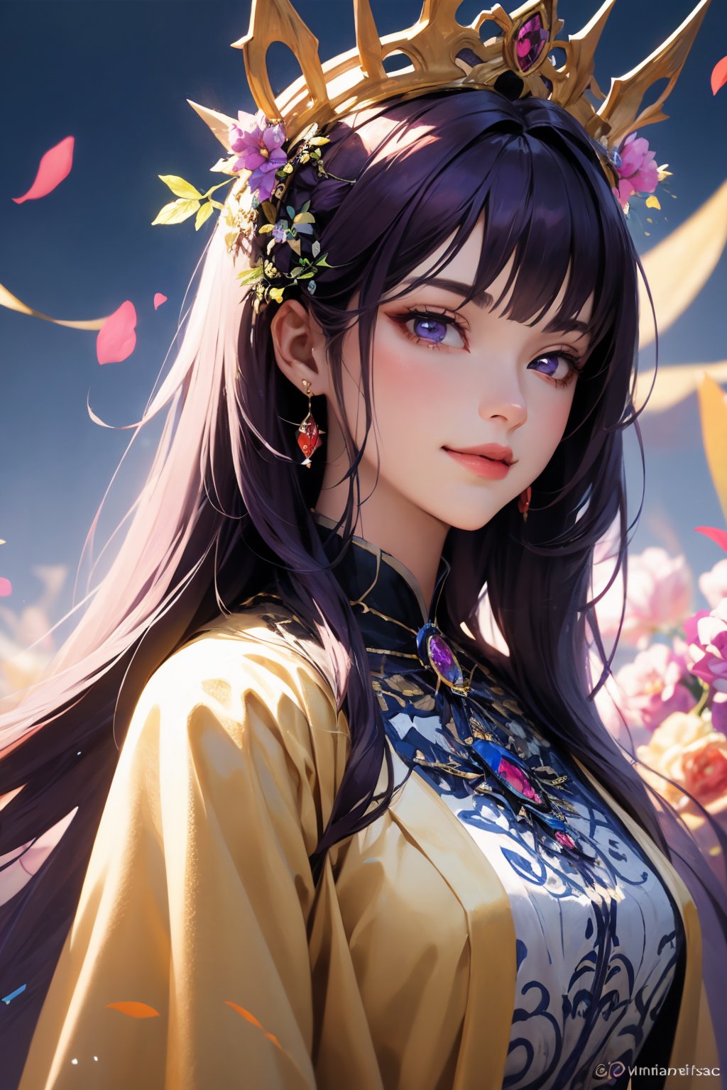 (masterpiece, best quality), intricate details, beautiful girl, purple hair, blunt bangs, light purple eyes, sharp jawline, Fairy queen crowns with cascading flowers, long hair, lips, upper body, smirk