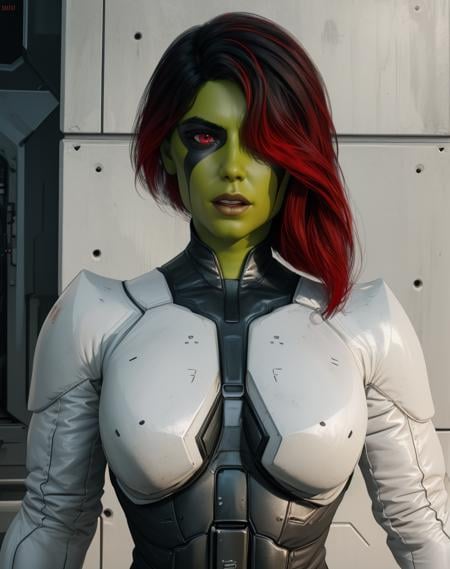 Gamora,green skin,multicolored hair,red eyes,hair over one eye,black and white bodysuit,armor,standing,upper body,serious, science fiction,night,(insanely detailed,  masterpiece, best quality),solo,<lora:Gamora:0.8>,