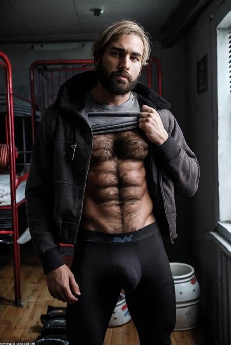 Dark Fantasy Art of 1boy, hairy, navel, nipples <lora:Shirt_Lifters:0.8> shirt lift, leggings, jacket, in a hostel, athletic, gray eyes, beard, bowl cut, dirty blonde hair, dark skin, dark, moody, dark fantasy style