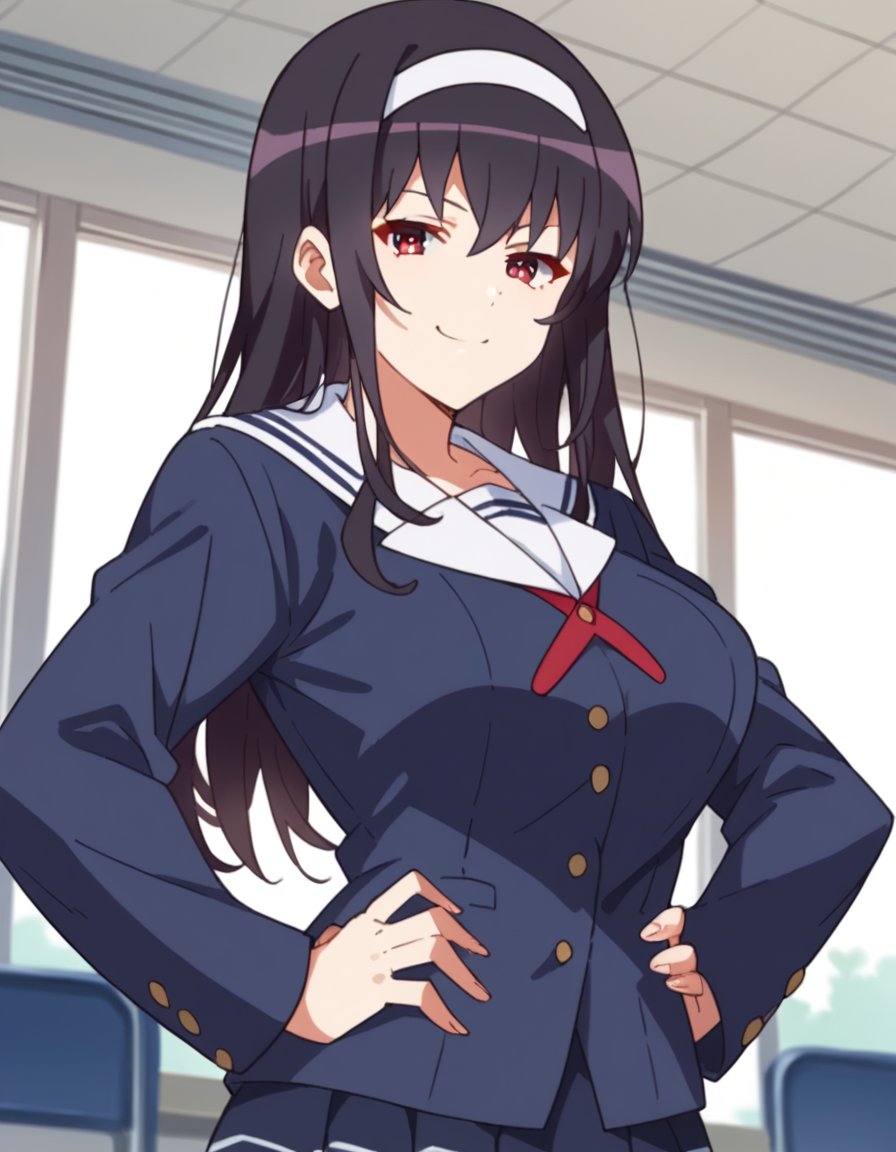 score_9, score_8_up, score_7_up, source_anime, <lora:utaha-kasumigaoka-s2-ponyxl-lora-nochekaiser:1>, utaha kasumigaoka, black hair, hairband, long hair, red eyes, large breasts,, long sleeves, school uniform, skirt, pantyhose,, indoors, smug, smile, looking at viewer, solo, hands on hips,, cowboy shot, dutch angle