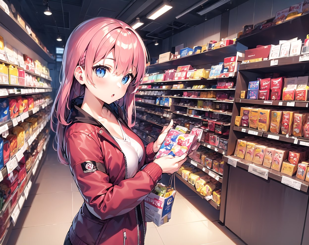 masterpiece, best quality, 1girl, shop, indoors, groceries, :o, pink hair, jacket, blue eyes, 