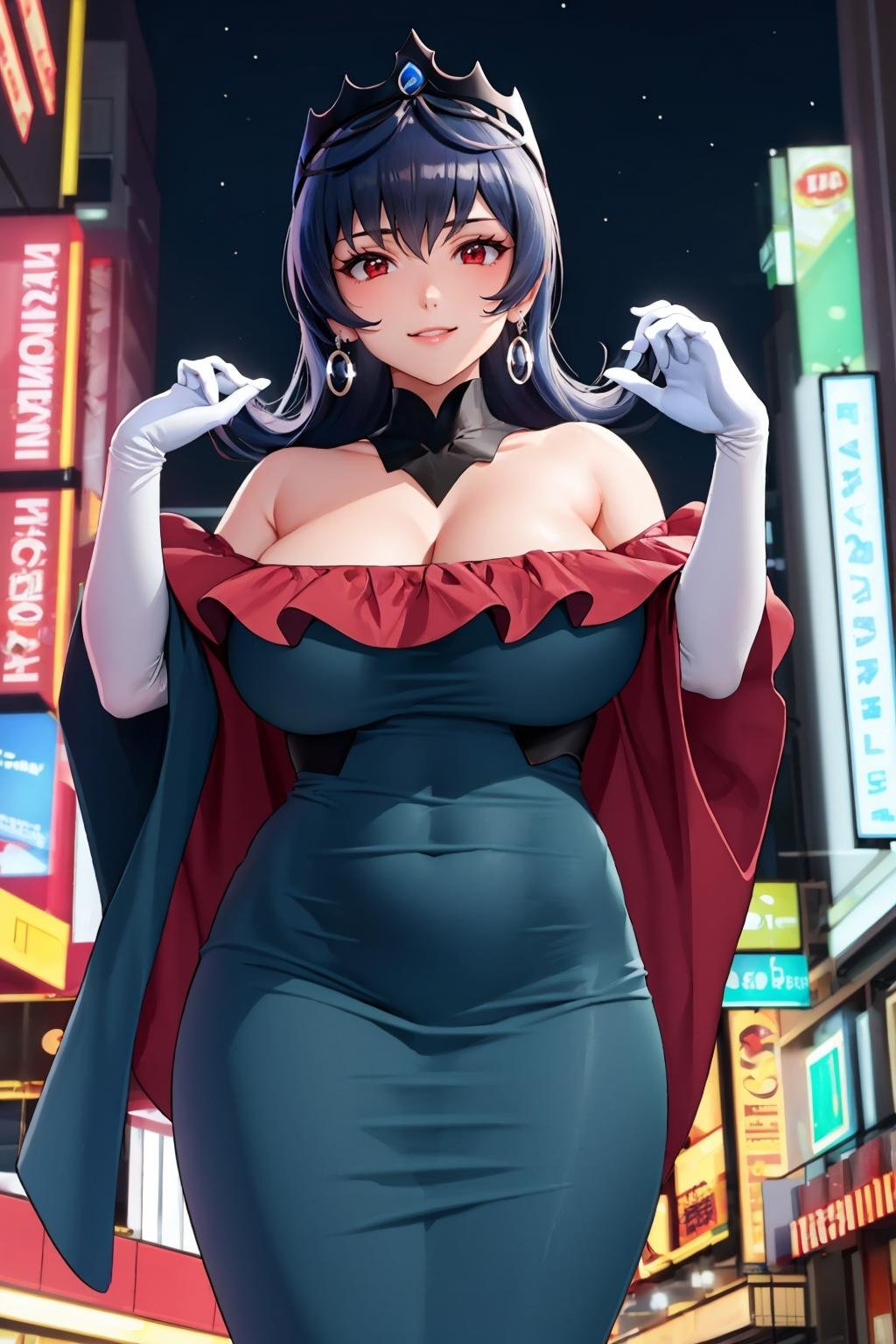masterpiece, best quality, <lora:sabrina-nvwls-v1-000009:0.9> bellelba, medium hair, earrings, crown, detached collar, off-shoulder dress, long dress, wide sleeves, white elbow gloves, huge breasts, standing, night, cityscape, neon signs, smile