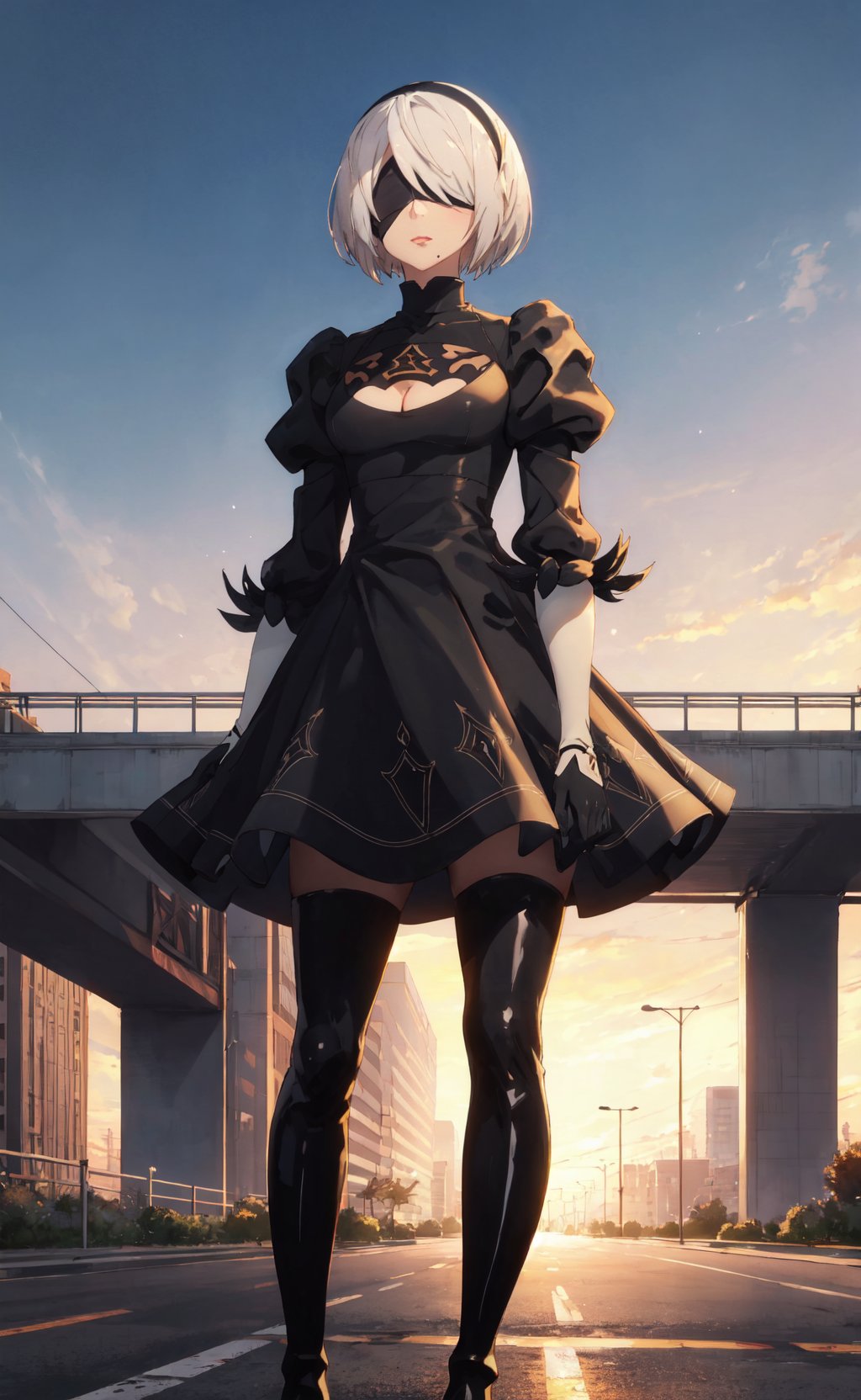 <lora:2B-000017:0.8>,2B CYQL,1girl,looking at viewer,solo,white hair,short hair,black hairband,covered eyes,black blindfold,mole under mouth,clothing cutout,cleavage cutout,long sleeves,puffy sleeves,gloves,dress,black dress,thighhighs,boots,thigh boots,high heel boots,breasts,cleavage,feather-trimmed sleeves,drunk,bust,Surrounding highways, Traffic, Overpasses, Urban sprawl,beautiful detailed sky,beautiful detailed glow,posing in front of a colorful and dynamic background,masterpiece,best quality,beautiful and aesthetic,contrapposto,female focus,wallpaper,